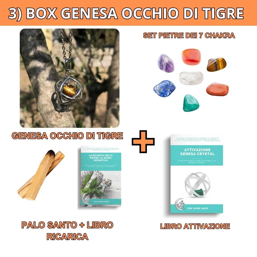 Box risparmio collana con ciondolo Genesa Occhio Di Tigre e pietre dei 7 chakra