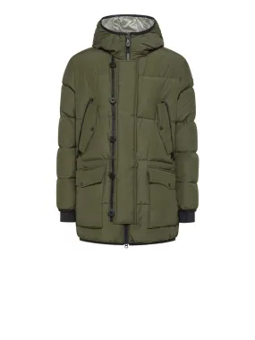 Long green down jacket with 4 pockets and hood