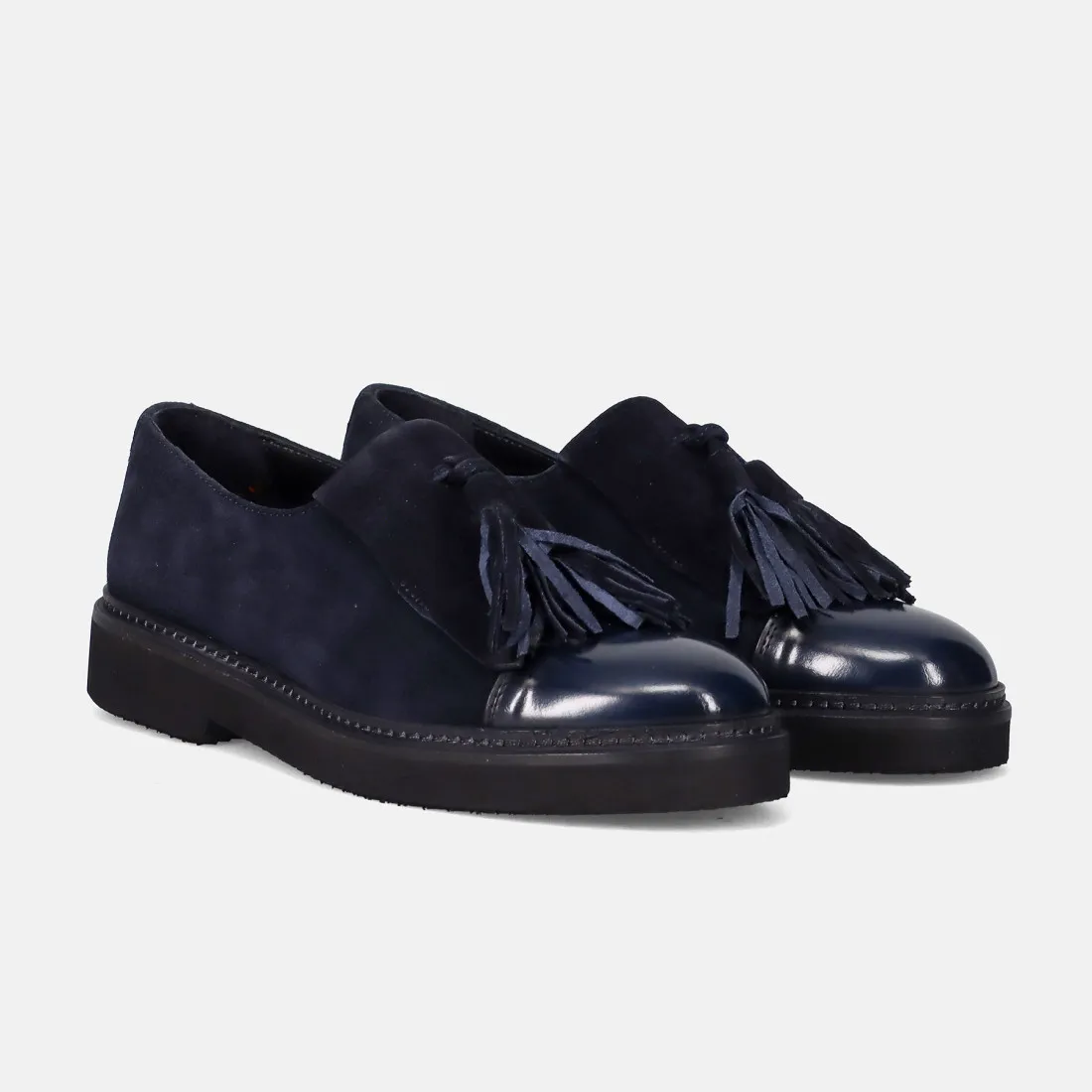Scarpa da donna Sangiorgio in pelle blu con frangia e nappine